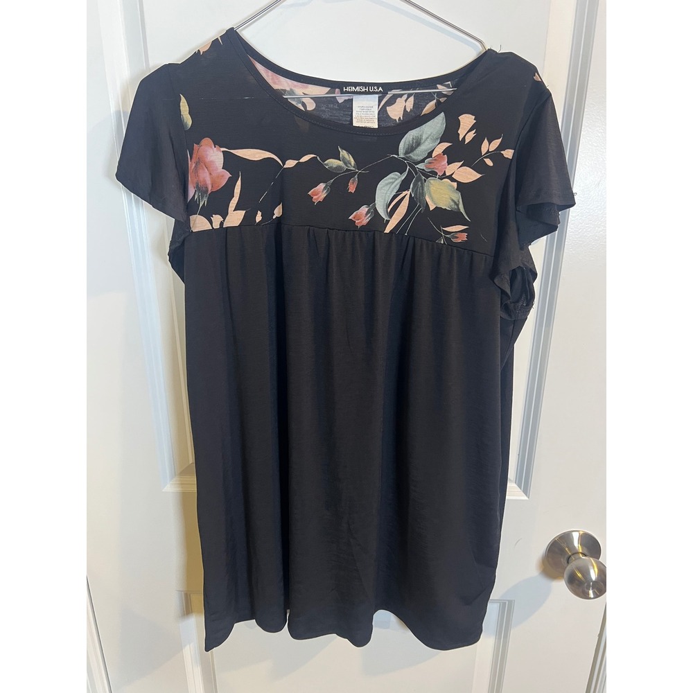 Heimish USA Womens Blouse Floral Empire Waist Flutter Sleeve Black 17x27